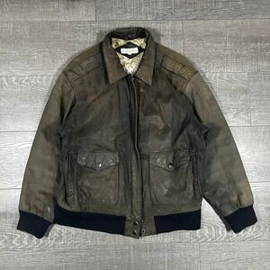 Ssatori Vintage Distressed Brown Leather Bomber Jacket Map Lining Mens L